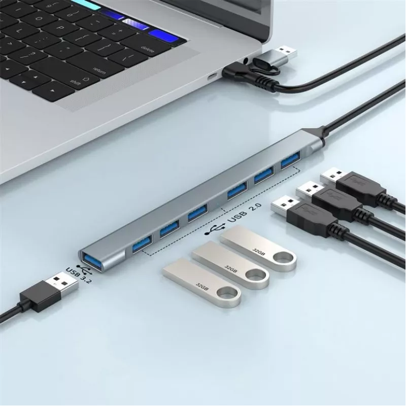 Gembird hub USB 3.2 Gen 2 de 7 portas - 6x USB-A 2.0 + 1x USB-A 3.2, prateado