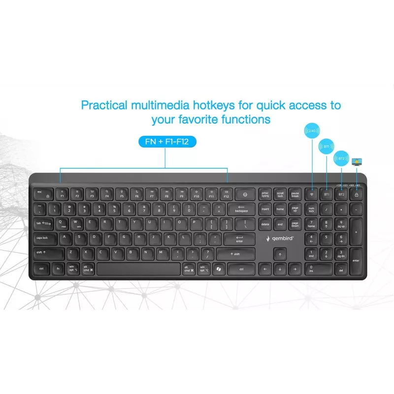 Teclado sem fios Gembird KB-WPS-03 Dual-Mode Pro-Business Slim, 2.4G + Bluetooth, layout US, preto