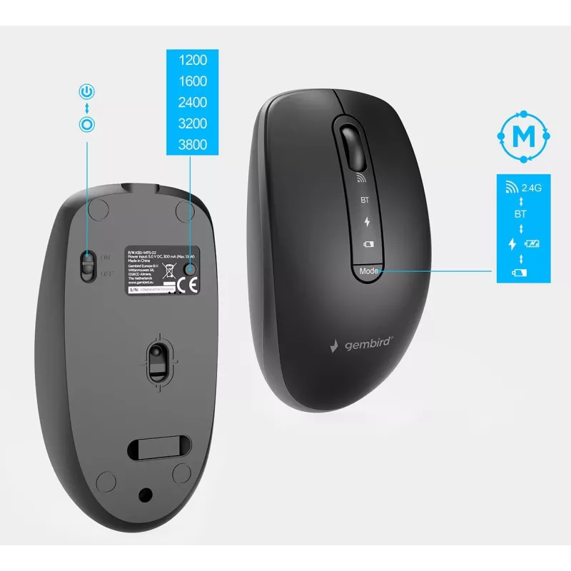 Gembird KBS-WPS-02 Conjunto de secretária slim sem fios dual-mode, 2.4GHz + Bluetooth, layout US (teclado e rato)