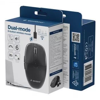 Gembird MUSW2-6B-01 Rato Sem Fios Dual-Mode, 2,4 GHz + Bluetooth 5.0, 1600 DPI, 6 Botões, Preto