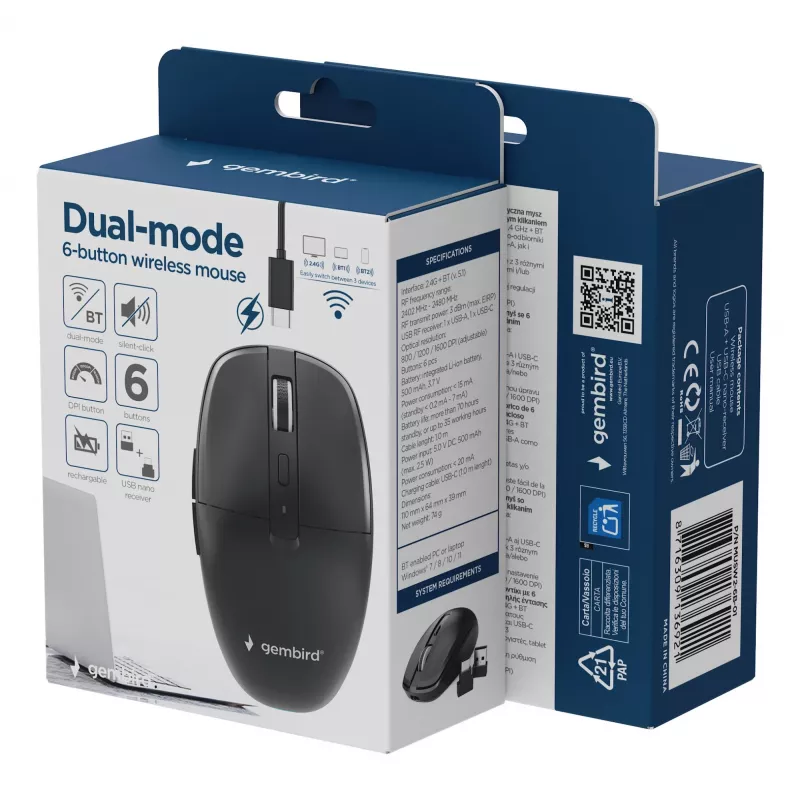 Gembird MUSW2-6B-01 Rato Sem Fios Dual-Mode, 2,4 GHz + Bluetooth 5.0, 1600 DPI, 6 Botões, Preto