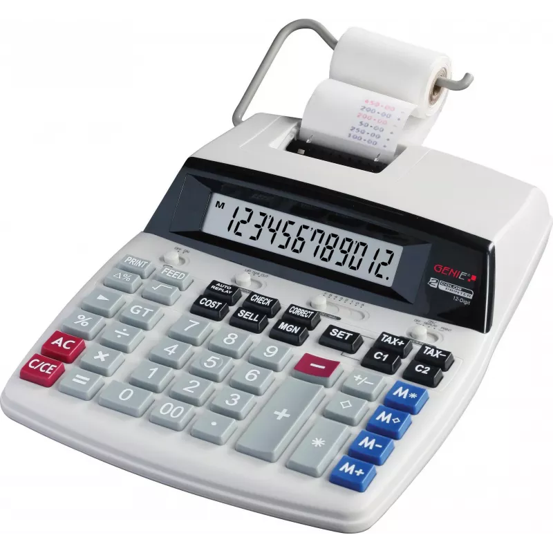 GENIE D69 PLUS calculadora de secretária com fita, LCD de 12 dígitos, impressão a 2 cores, AC/pilha