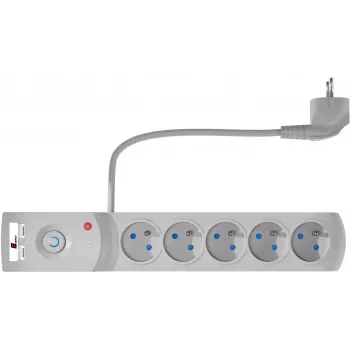 Régua de tomadas com proteção contra sobretensões GETFORT 5 tomadas com 2 portas de carregamento USB, cabo de 1,5 m, cinzento