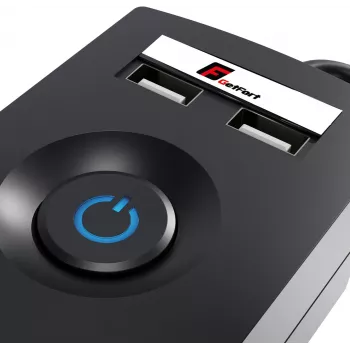 Régua de tomadas com proteção contra sobretensões GETFORT 5P-3M-B-USB, 5 tomadas AC, 2 portas USB-A, cabo de 3 m, preto