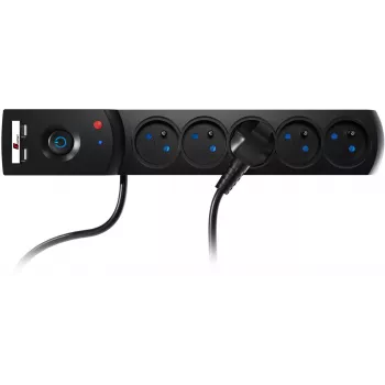 Régua de tomadas com proteção contra sobretensões GETFORT 5P-3M-B-USB, 5 tomadas AC, 2 portas USB-A, cabo de 3 m, preto