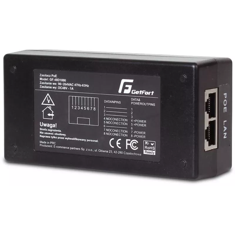GETFORT GF-48D1000 Adaptador injetor PoE passivo 48W, 100-240V AC para 48V DC, 10/100 Mbps, 2x RJ45, compatível IEEE 802.3af/at