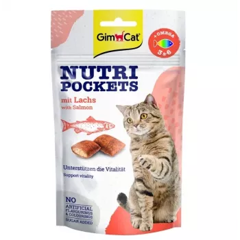 GimCat Nutri Pockets com salmão 60g – petiscos crocantes para gatos com recheio cremoso de salmão