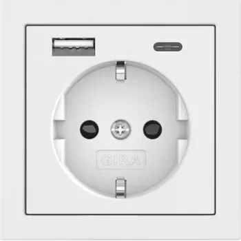 Tomada SCHUKO Gira com alimentação USB, 2x USB-A 5V 2,1A, encastrar, branco puro brilhante 245970