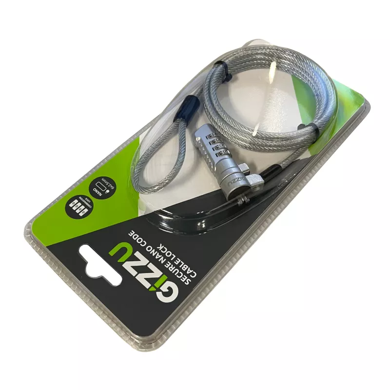 GIZZU Cabo de segurança com fecho de combinação Nano 1,8 m - 4 dígitos ajustáveis, aço entrançado, para dispositivos com slot Kensington Nano (Preto/Prata)