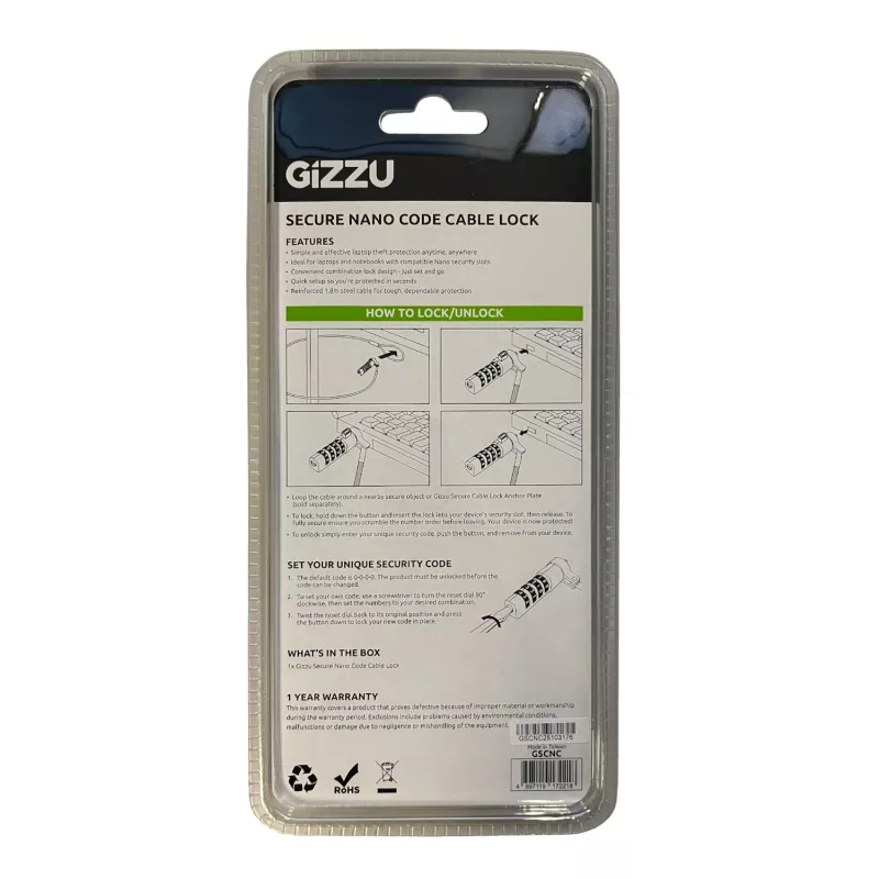 GIZZU Cabo de segurança com fecho de combinação Nano 1,8 m - 4 dígitos ajustáveis, aço entrançado, para dispositivos com slot Kensington Nano (Preto/Prata)