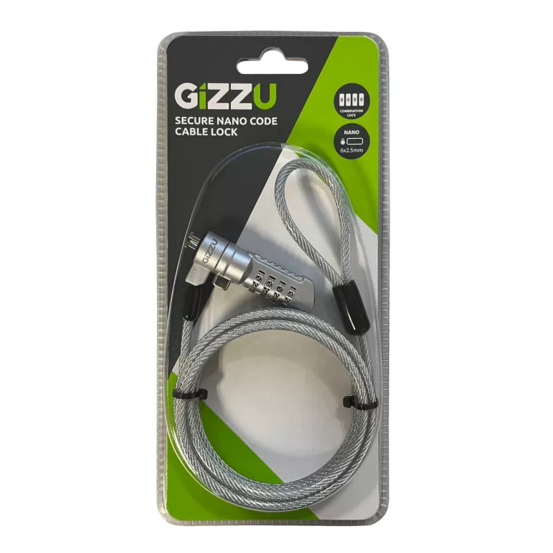 GIZZU Cabo de segurança com fecho de combinação Nano 1,8 m - 4 dígitos ajustáveis, aço entrançado, para dispositivos com slot Kensington Nano (Preto/Prata)