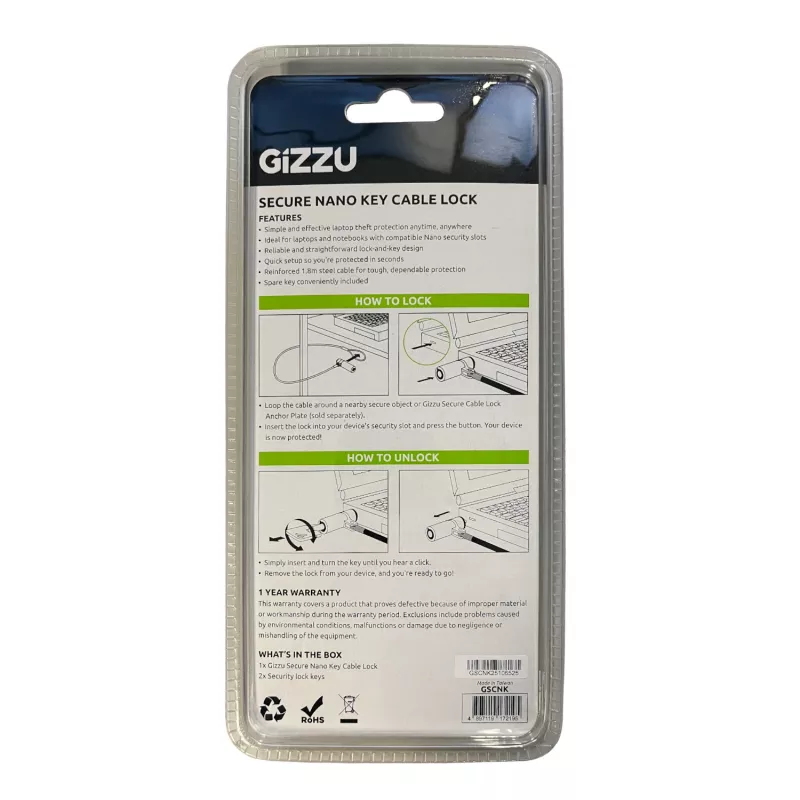 GIZZU Cabo de segurança Nano Key Lock 1,8 m com chave - Preto