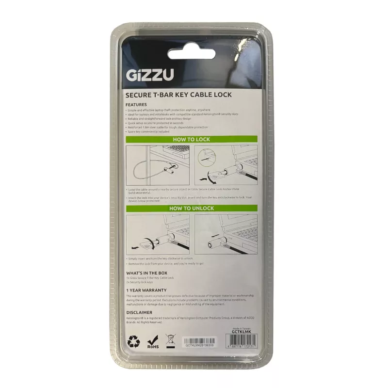 Cabo de segurança T-Bar GIZZU 1,8 m para portátil com compatibilidade Master-Key - fecho de segurança com chave para slot Kensington, aço entrançado, Preto