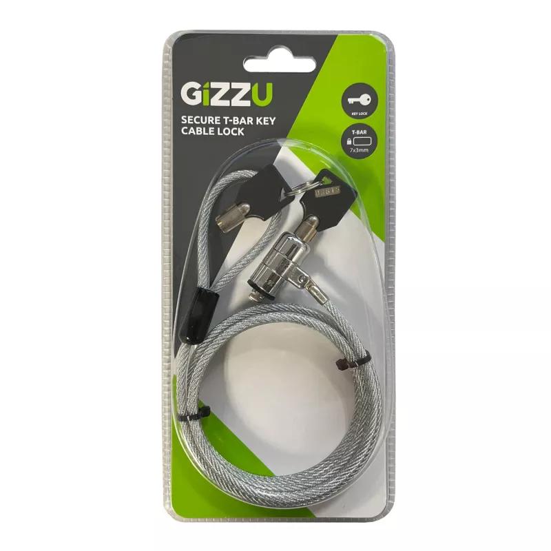 Cabo de segurança T-Bar GIZZU 1,8 m para portátil com compatibilidade Master-Key - fecho de segurança com chave para slot Kensington, aço entrançado, Preto