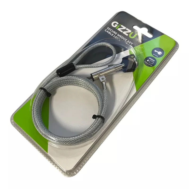 Cabo de segurança com fecho de cunha GIZZU 1,8 m com 2 chaves para dispositivos com slot Noble-Wedge - Preto