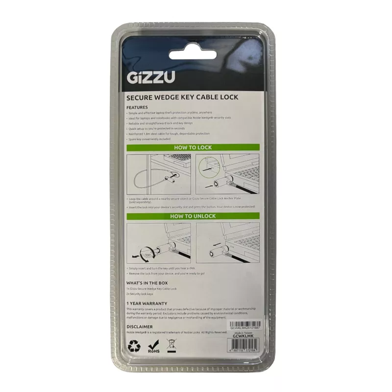 Cabo de segurança com fecho de cunha GIZZU 1,8 m com 2 chaves para dispositivos com slot Noble-Wedge - Preto