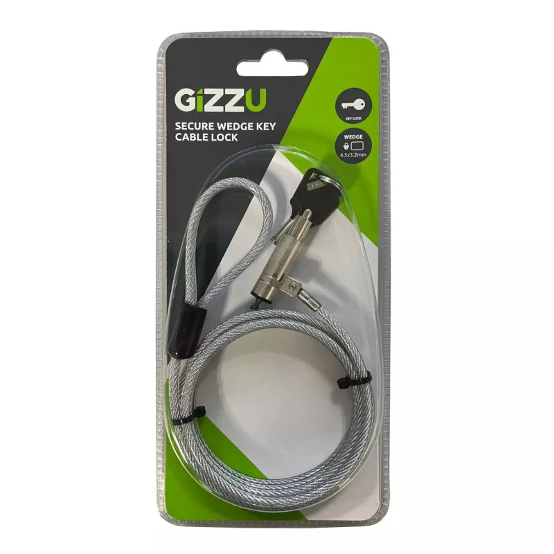 Cabo de segurança com fecho de cunha GIZZU 1,8 m com 2 chaves para dispositivos com slot Noble-Wedge - Preto