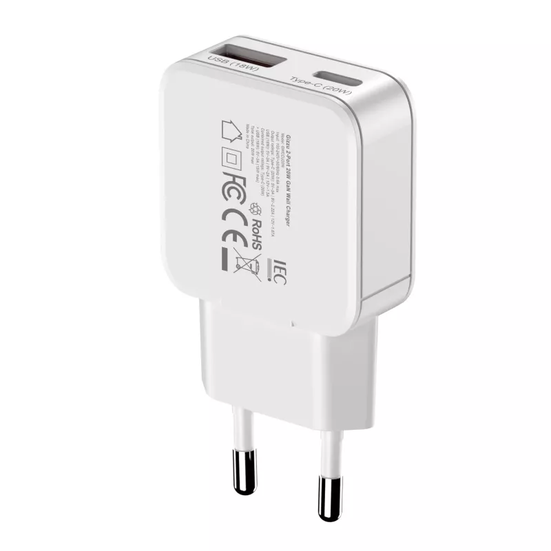 Gizzu Carregador de parede GaN 2 portas 20W USB-C PD 3.0 + USB-A QC 3.0 carregamento rápido - branco
