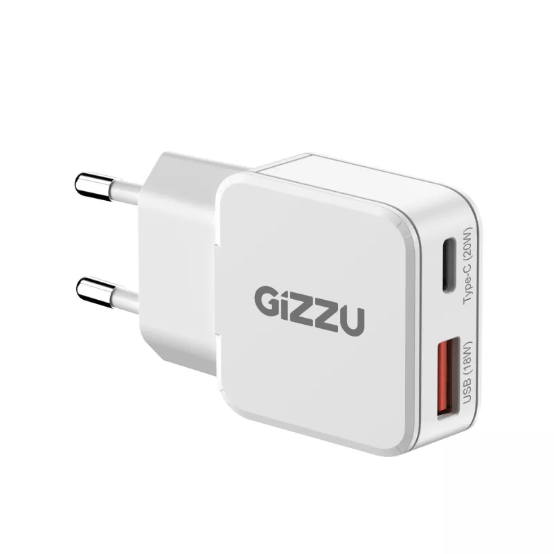 Gizzu Carregador de parede GaN 2 portas 20W USB-C PD 3.0 + USB-A QC 3.0 carregamento rápido - branco