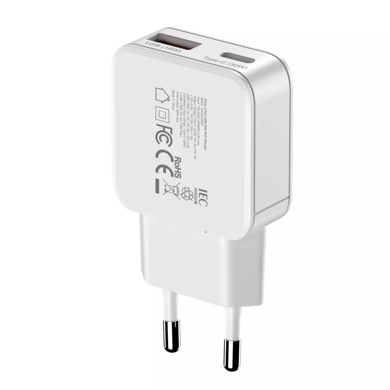 Carregador de parede Gizzu 2 portas 30W GaN USB-C PD + USB-A QC branco