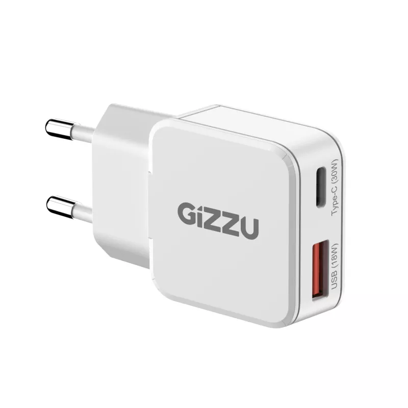 Carregador de parede Gizzu 2 portas 30W GaN USB-C PD + USB-A QC branco