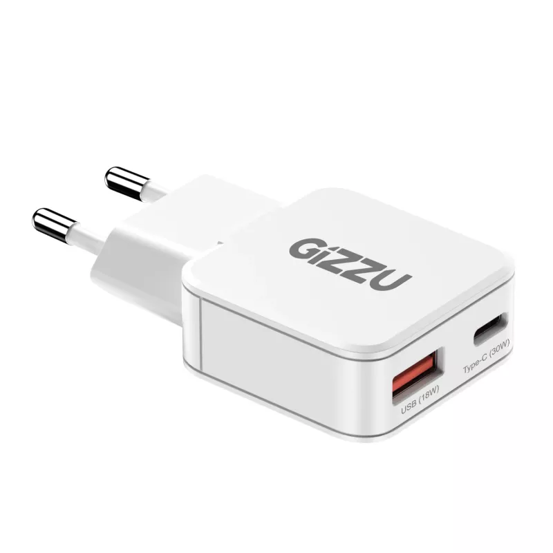 Carregador de parede Gizzu 2 portas 30W GaN USB-C PD + USB-A QC branco