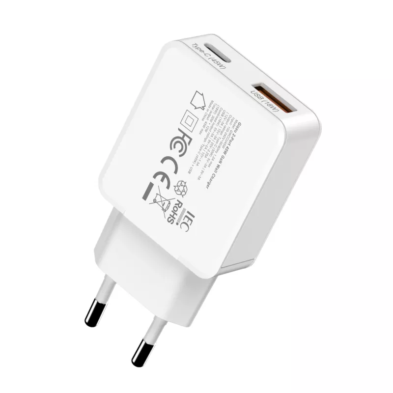 Gizzu Carregador de parede GaN de 2 portas 45W USB-C PD e USB-A QC branco