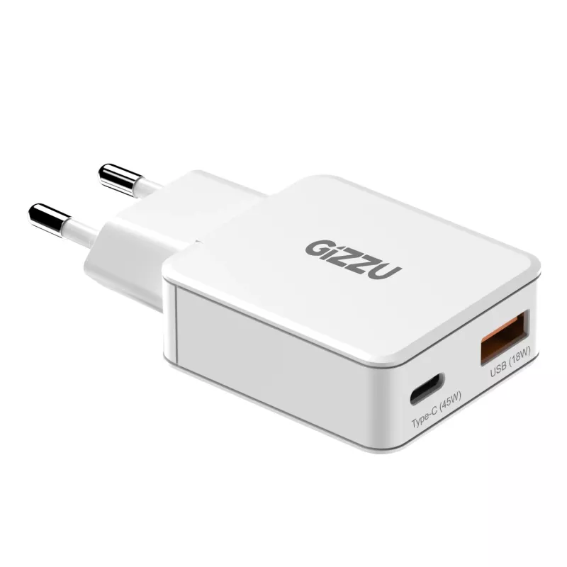 Gizzu Carregador de parede GaN de 2 portas 45W USB-C PD e USB-A QC branco