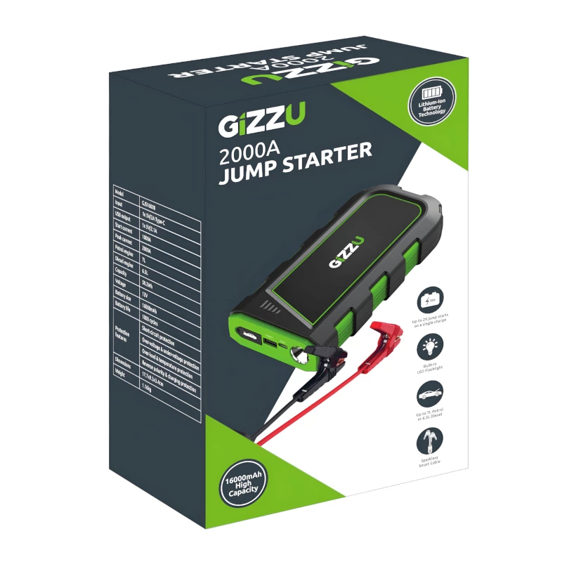 Arrancador GIZZU 2000A 16000mAh - preto