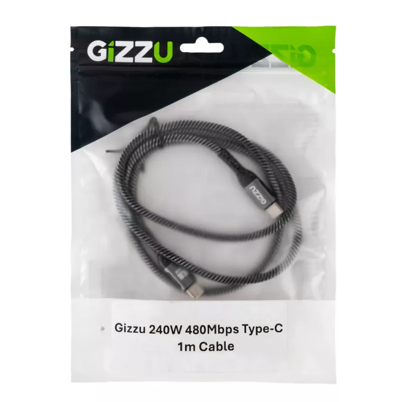 Cabo USB-C para USB-C trançado GIZZU 240W 480Mbps 1m preto
