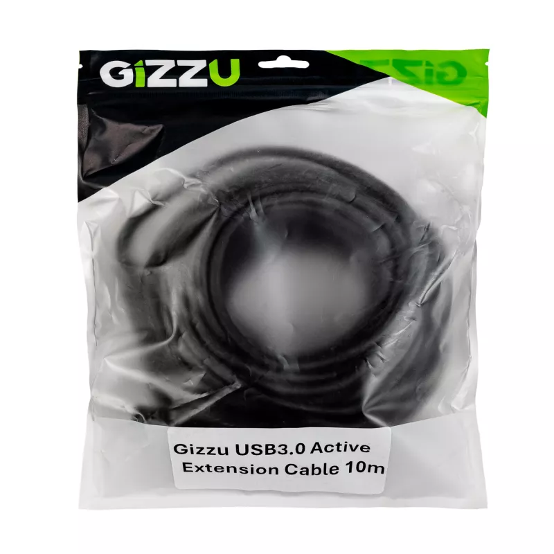 Cabo de extensão ativa USB3.0 Gizzu 10m – cabo repetidor SuperSpeed 5Gbps com amplificador de sinal, USB-A macho para fêmea, alimentado por bus com porta DC opcional, preto
