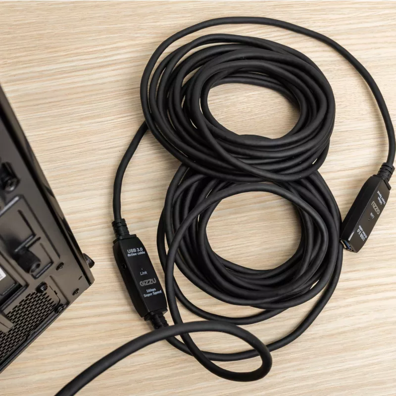 Cabo de extensão ativa USB3.0 Gizzu 10m – cabo repetidor SuperSpeed 5Gbps com amplificador de sinal, USB-A macho para fêmea, alimentado por bus com porta DC opcional, preto