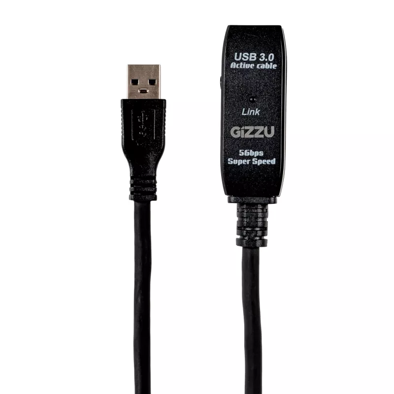 Cabo de extensão ativa USB3.0 Gizzu 10m – cabo repetidor SuperSpeed 5Gbps com amplificador de sinal, USB-A macho para fêmea, alimentado por bus com porta DC opcional, preto