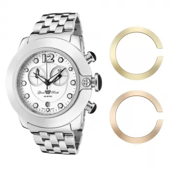 Relógio GLAM ROCK mulher Miami Beach cronógrafo GR32154 - caixa de aço inoxidável 44mm, bracelete de silicone branca, movimento quartzo suíço