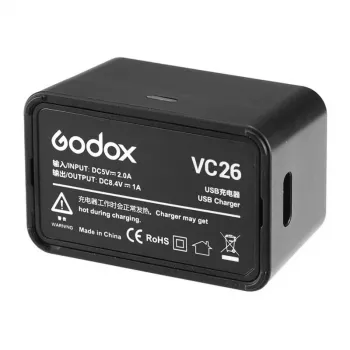 Carregador USB-C Godox VC26 para Baterias de Flash V1 e V860III – Entrada 5V/2A, Saída 8,4V/1A, Indicador LED, incl. Cabo USB-A para USB-C