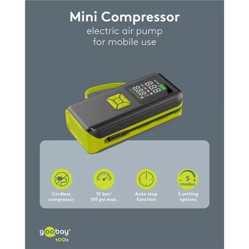 Goobay Tools Bomba de Ar a Bateria com Visor Digital, 10,3 bar, Carregamento USB-C, Luz LED, Bateria de Li-Ion 2000 mAh, Inclui Adaptadores e Bolsa de Armazenamento 77827