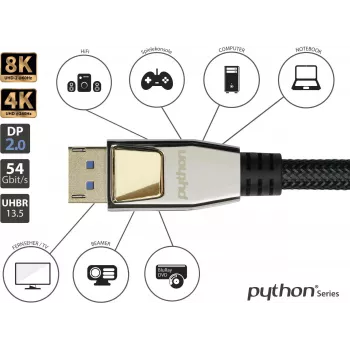 GoodConnections Cabo DisplayPort 2.0 PREMIUM, 54 Gbit/s, UHBR 13.5, 4K @240Hz / 8K @60Hz, fichas em metal maciço, cobre (DP20-PY020)
