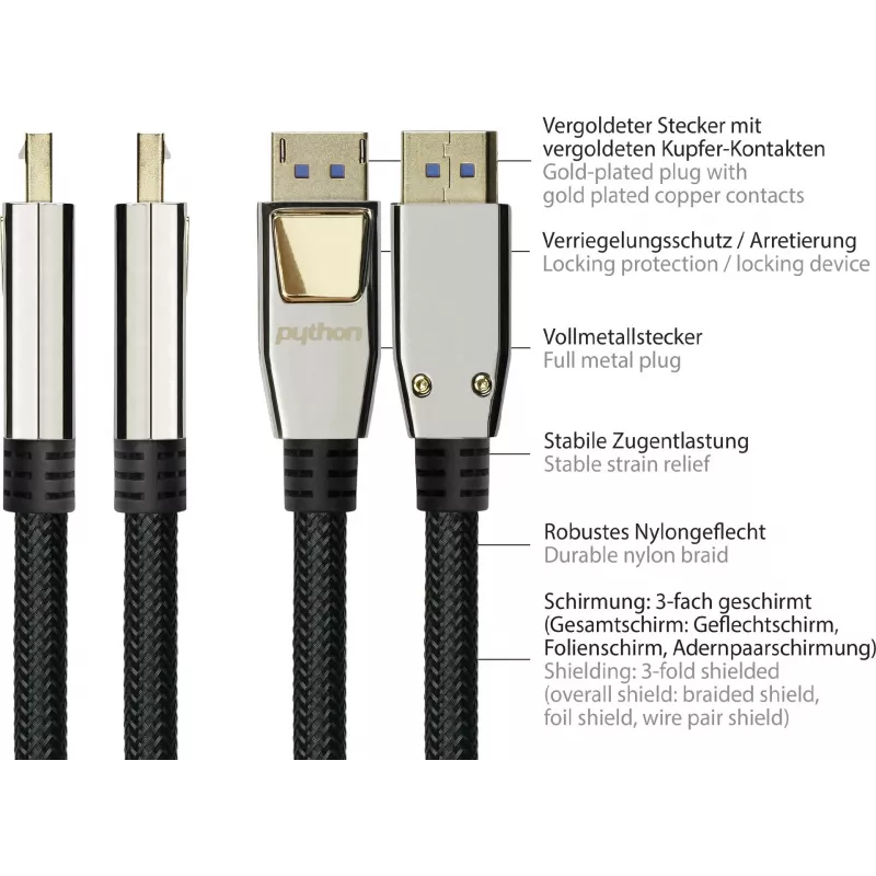 GoodConnections Cabo DisplayPort 2.0 PREMIUM, 54 Gbit/s, UHBR 13.5, 4K @240Hz / 8K @60Hz, fichas em metal maciço, cobre (DP20-PY020)