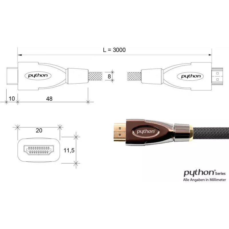 Cabo HDMI de alta velocidade GoodConnections PYTHON Series com Ethernet, 4K UHD 60Hz, 18Gbps, banhado a ouro, trança de nylon, 3m, Preto (GC-M0018)