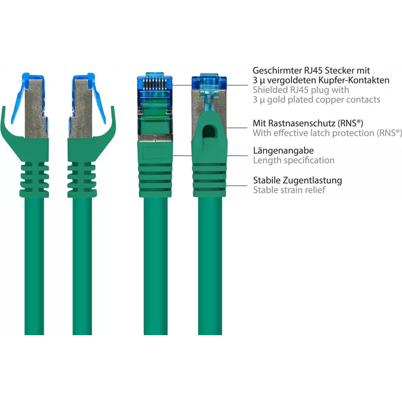 GoodConnections RNS® Cabo de patch Cat. 6A S/FTP sem halogéneos com proteção da patilha, 3 m, verde