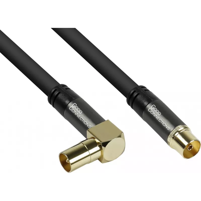 GoodConnections Cabo de antena SAT SmartFLEX, ficha IEC/coaxial angular para conector fêmea, banhado a ouro, blindagem quádrupla, 120dB de blindagem, preto, 15m (GC-M2078)