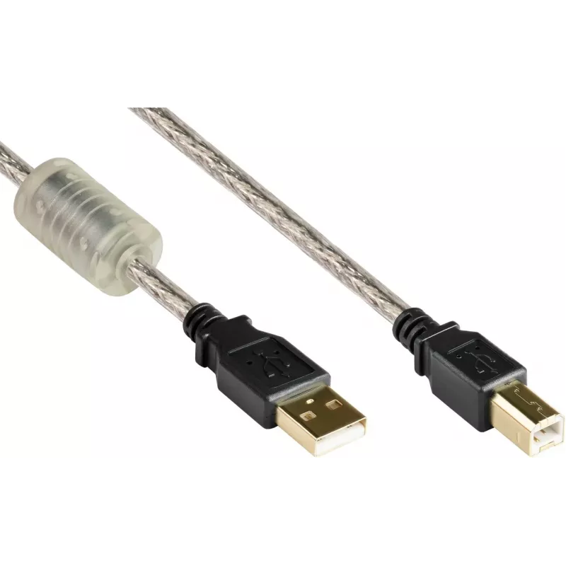 Cabo Good Connections USB 2.0 de alta qualidade com núcleo de ferrite e contactos dourados, transparente, 5 m