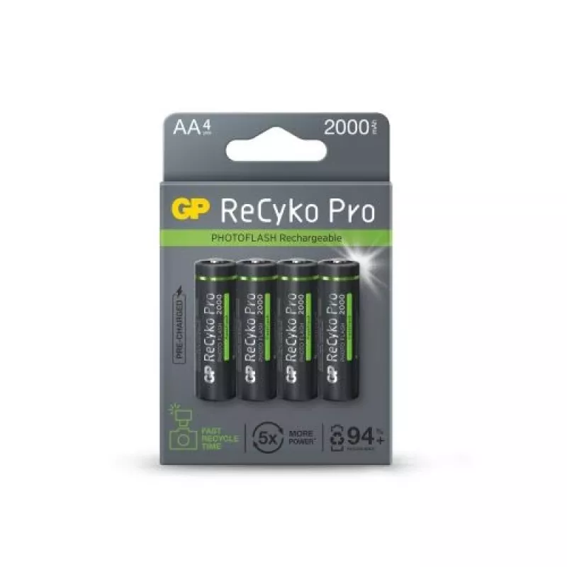 Pilha GP (AA) recarregável ReCyko+ Pro Fast Flash, NiMH, blister de 4, 2000mAh