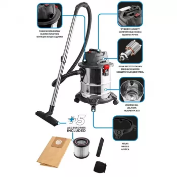 Aspirador de sólidos e líquidos Graphite 58GE124 30L em aço inoxidável com tomada para ferramentas, 1500W