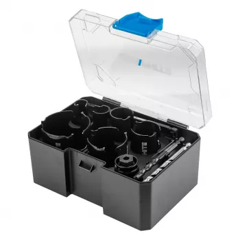 Conjunto de serras copo com pastilhas de metal duro GRAPHITE, 6 peças (19–64 mm) com 2 adaptadores e 2 brocas piloto, conjunto de 10 peças