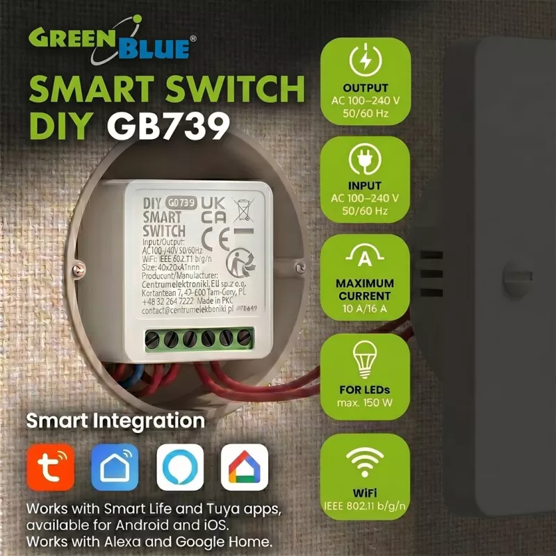 Relé de controlo Wi-Fi encastrado GREENBLUE GB739