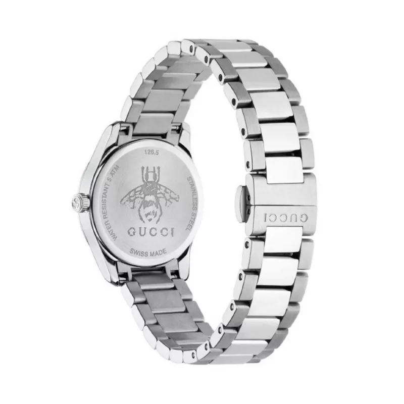 Relógio de mulher Gucci G-Timeless YA126572A 27mm aço inoxidável mostrador prateado com índices de diamante quartzo suíço