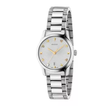 Relógio de mulher Gucci G-Timeless YA126572A 27mm aço inoxidável mostrador prateado com índices de diamante quartzo suíço