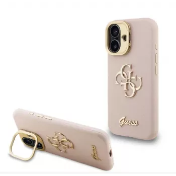 Capa Guess para Apple iPhone 16 Pro Max PU Textura de Grão 4G Logo Stand com Moldura de Câmara Rosa