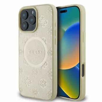 GUESS Capa Saffiano Peony Stamp MagSafe para Apple iPhone 16 Pro Max dourada